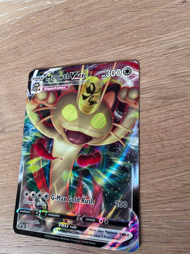Pokémon Kaart Meowth VMAX SWSH005 Gigantamax, Ophalen of Verzenden, Zo goed als nieuw, Losse kaart