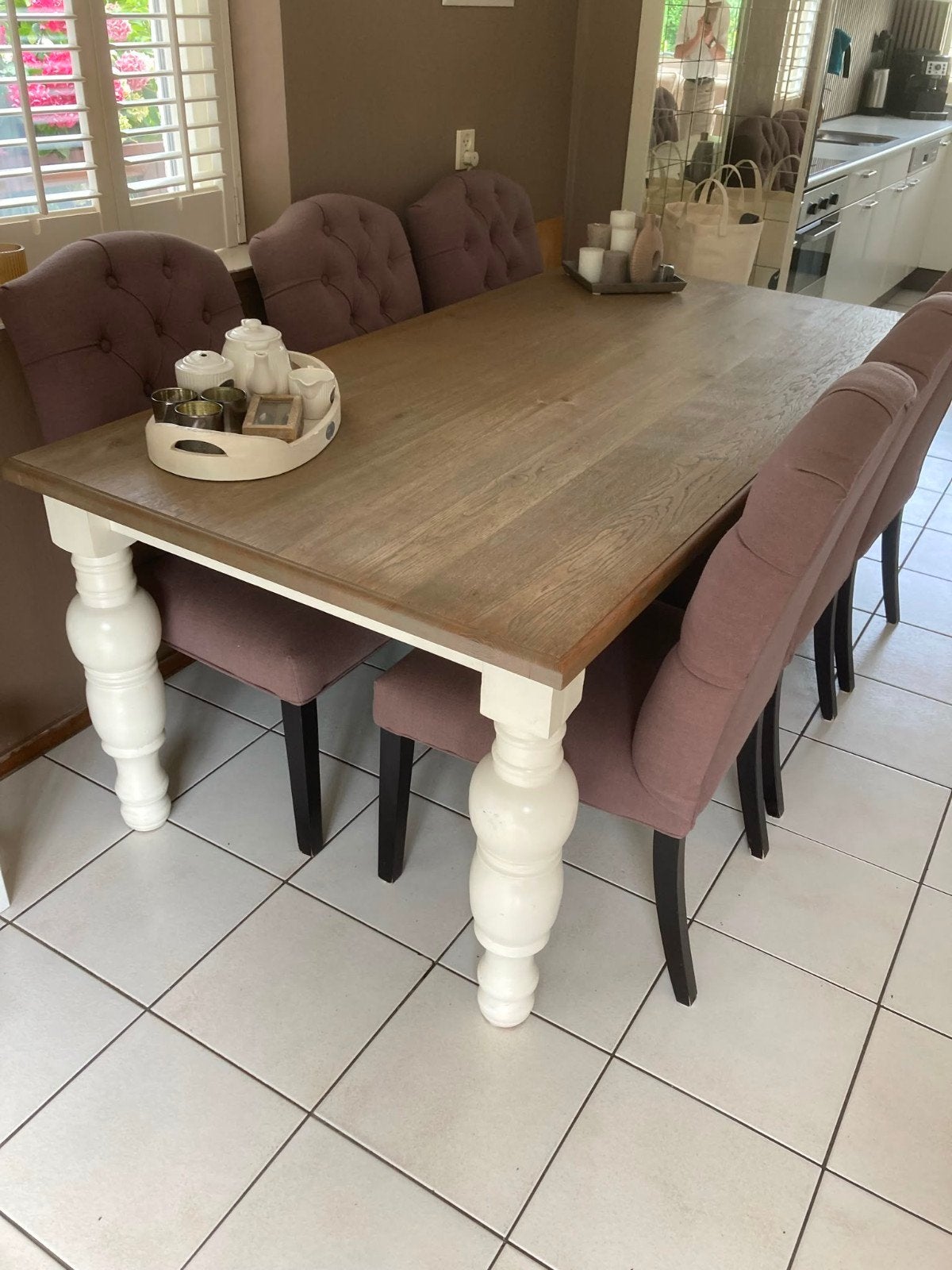 Landelijke eettafel met 6 taupe stoelen, Gebruikt, 50 tot 100 cm, Vijf personen of meer, 150 tot 200 cm