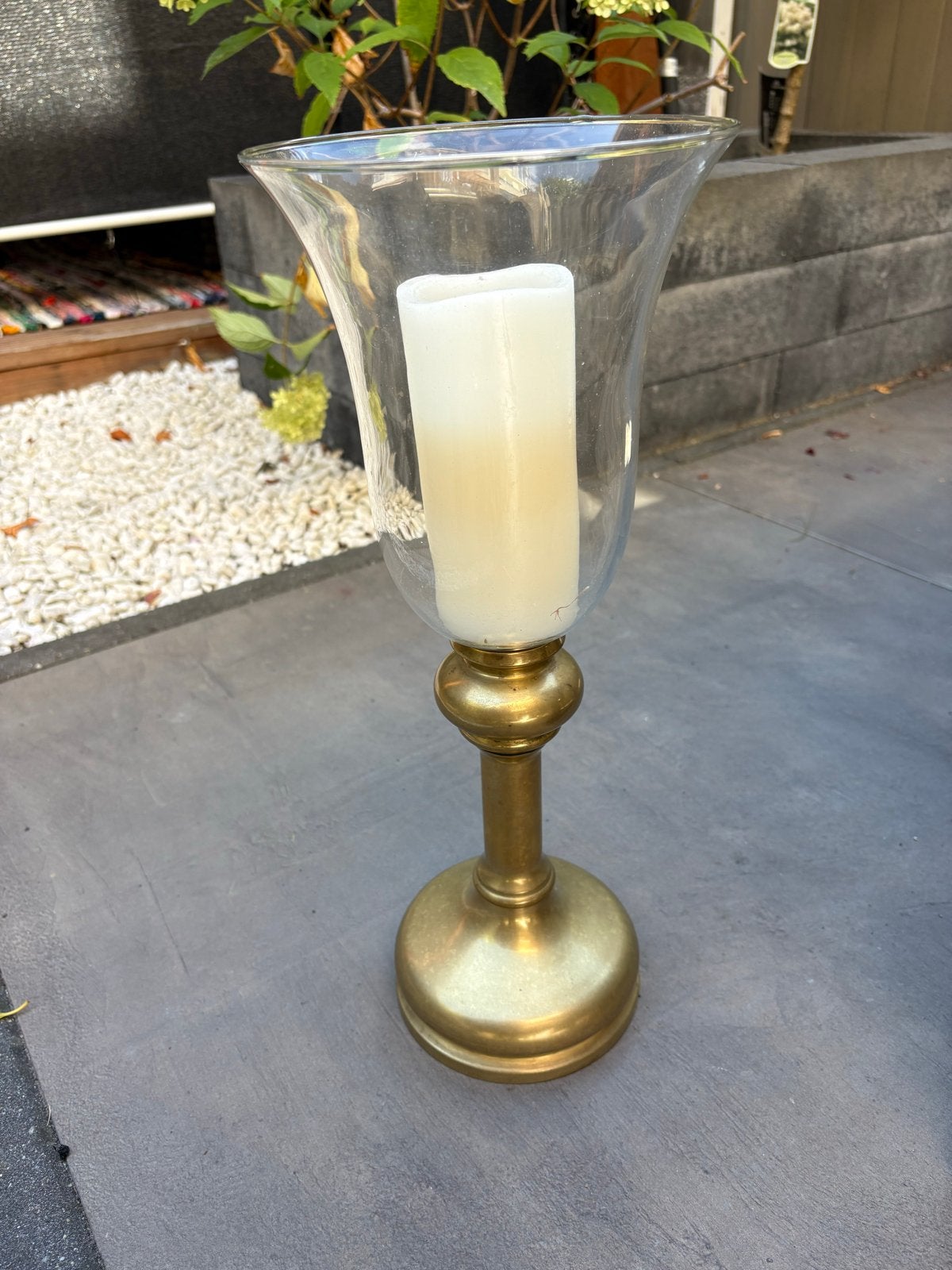 Gouden Kandelaar met Glazen Windlicht, Gebruikt, Overige merken, Ophalen of Verzenden, Metaal