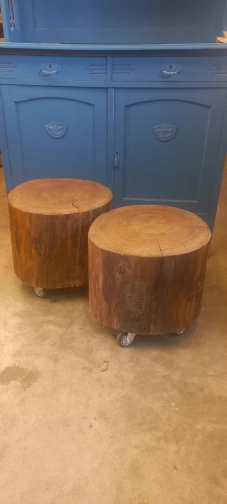 Donkerbruine stoere boomstamtafels, Ophalen, Minder dan 50 cm, ., Rond