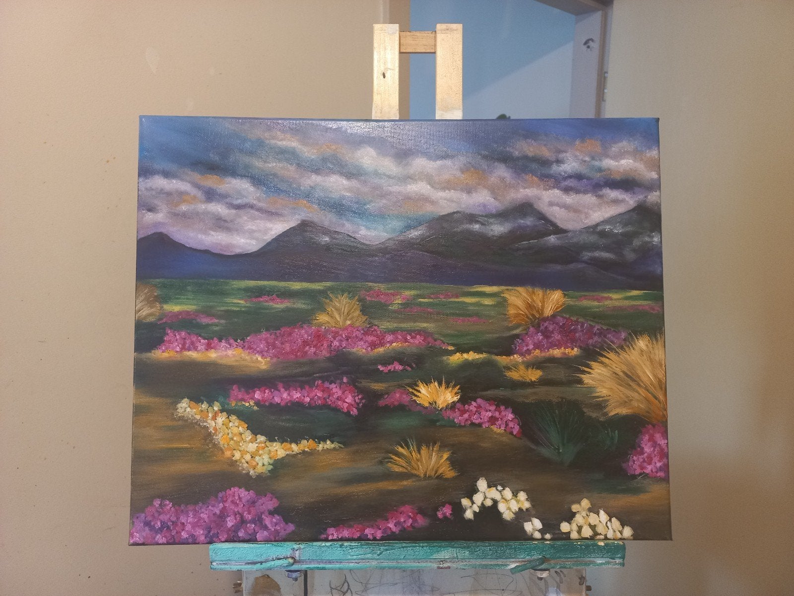 Olieverf Schilderij op Canvas - Berglandschap met Bloemen, Ophalen of Verzenden
