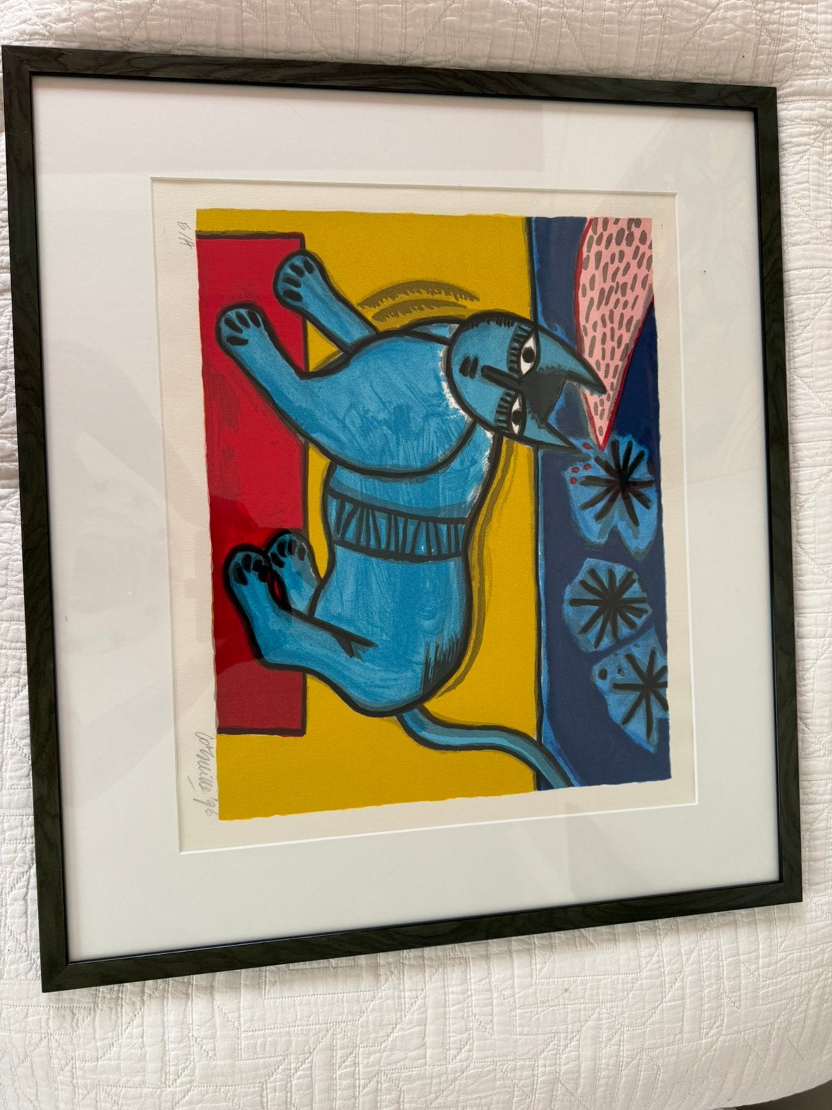 Corneille zeefdruk blauwe kat 1996 E/A, Antiek en Kunst, Ingelijst, Ophalen, Zeefdruk