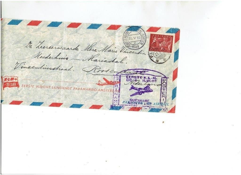 KLM eerste vlucht DC-6 Paramaribo-Amsterdam 1949, Verzenden, Envelop