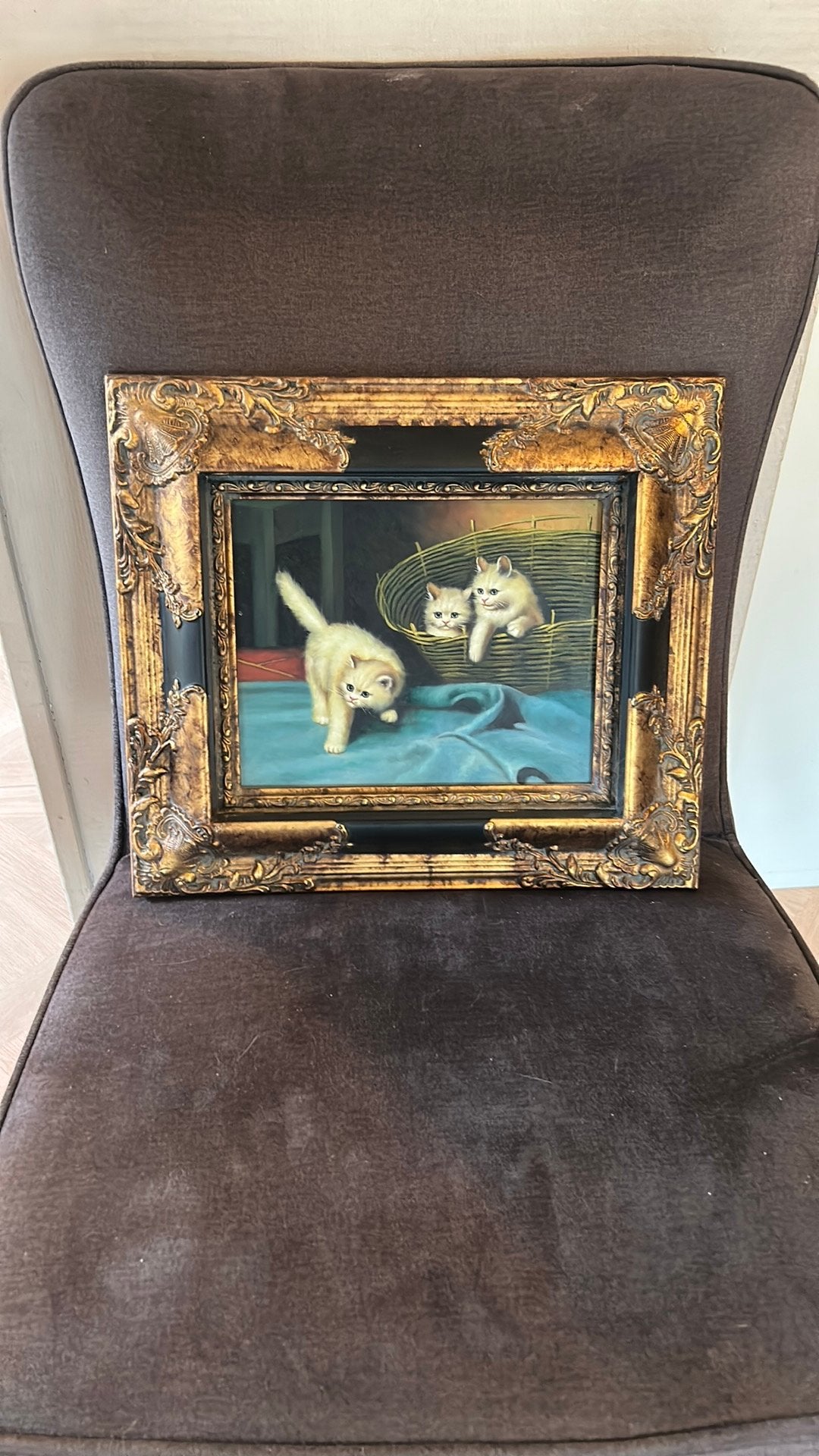 Olieverfschilderijtje van kittens 40x35 cm, Ophalen of Verzenden