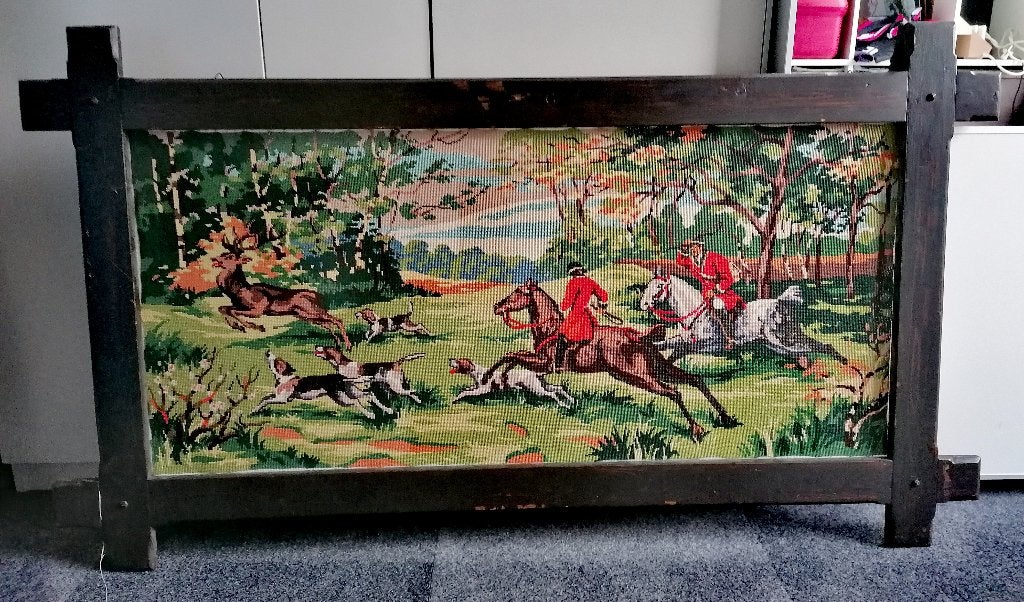 Geborduurd schilderij jachttafreel., Ophalen, Meerkleurig, 138 cm, Zo goed als nieuw