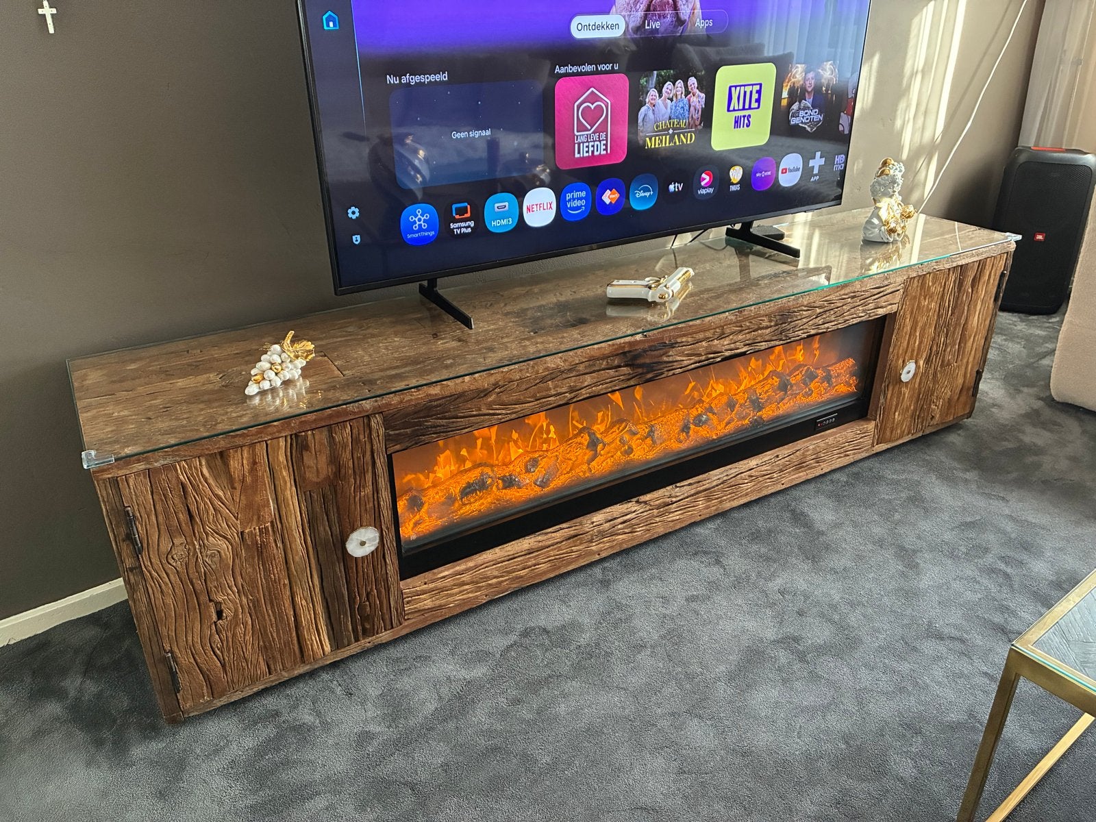 tv kast met sfeerhaard en houtgeluid, 150 tot 200 cm, Ophalen of Verzenden, Zo goed als nieuw, Minder dan 100 cm