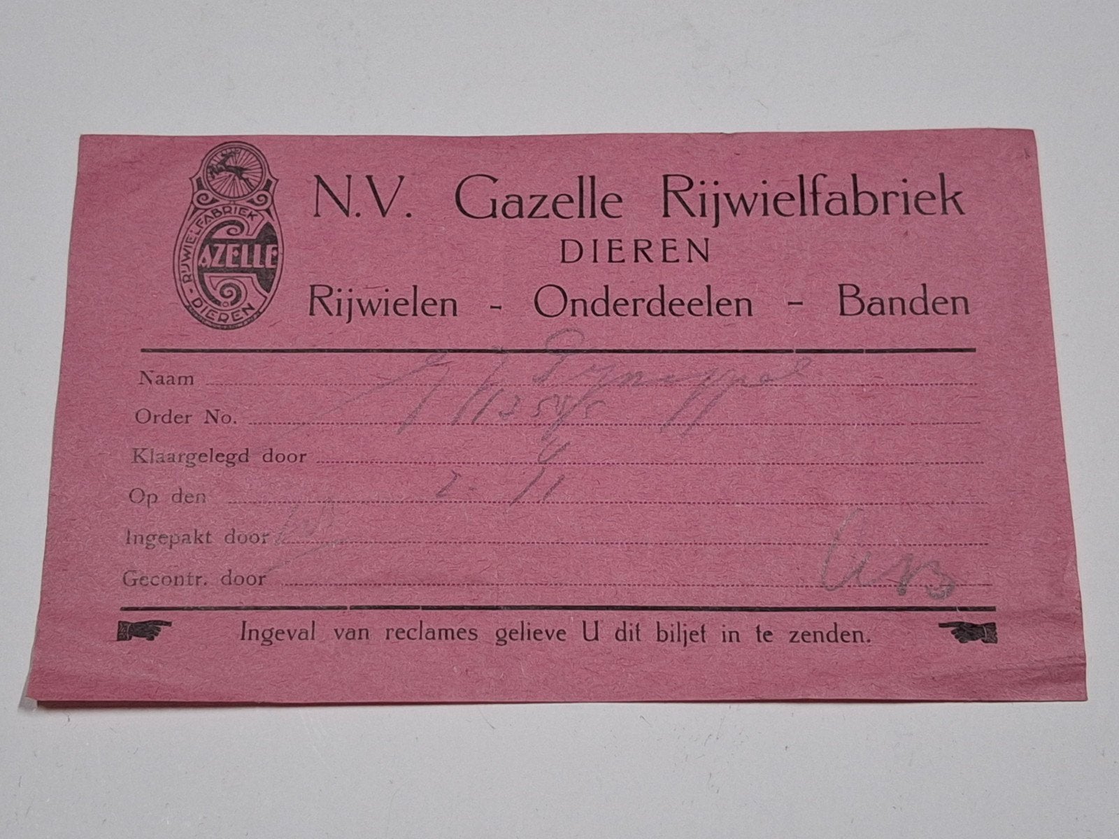 Gazelle Rijwielen oude pakbon / bon, Ophalen of Verzenden, Zo goed als nieuw