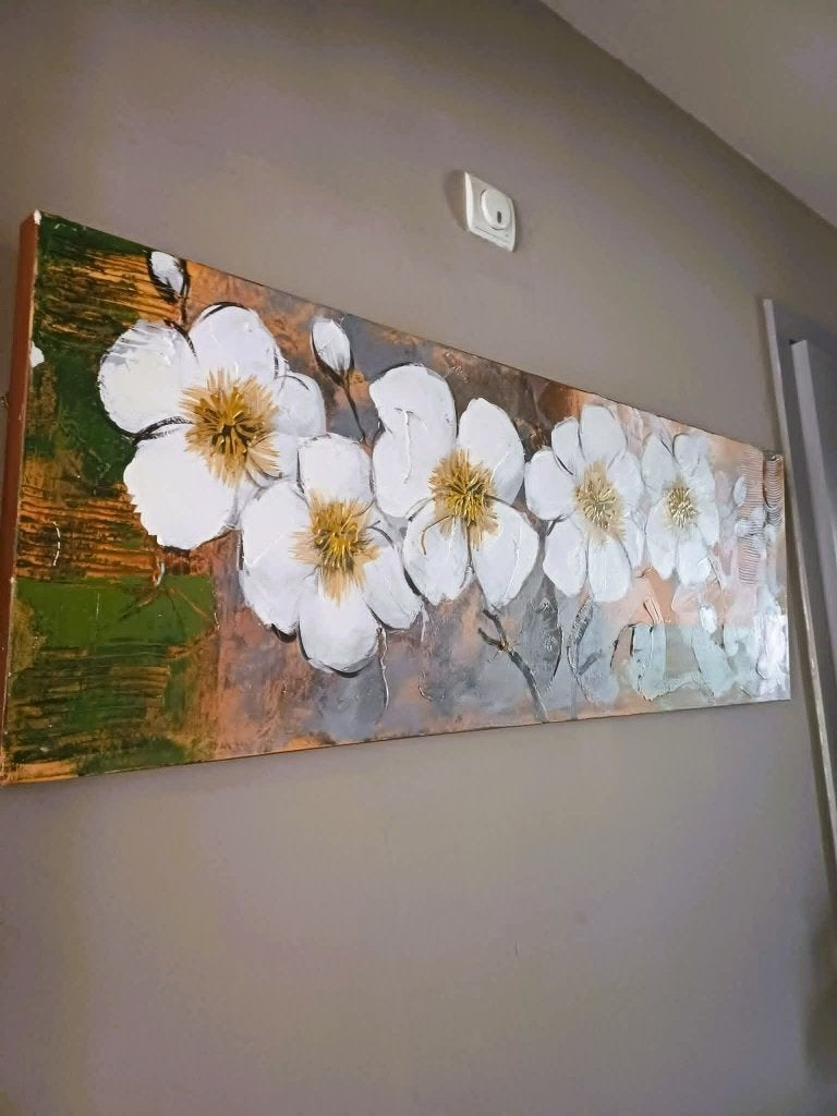 Decoratief schilderij witte bloemen 120 x 40 cm., Ophalen, Zo goed als nieuw, Minder dan 50 cm, Schilderij