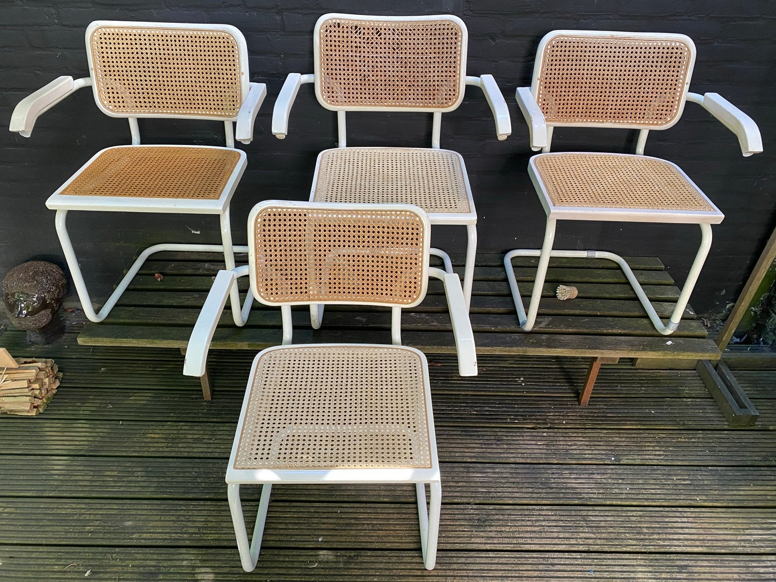 Marcel Breuer Cesca 4 vintage Italiaanse rotan stoelen,, Huis en Inrichting, Stoelen, Ophalen, Gebruikt, Wit, Metaal