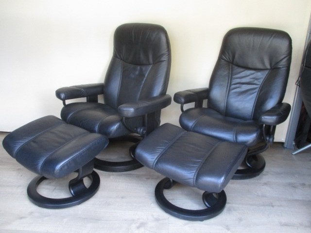 KEURIGE set Stressless Consul zwart leder met hockers M, Ophalen, Zo goed als nieuw, Leer, 50 tot 75 cm