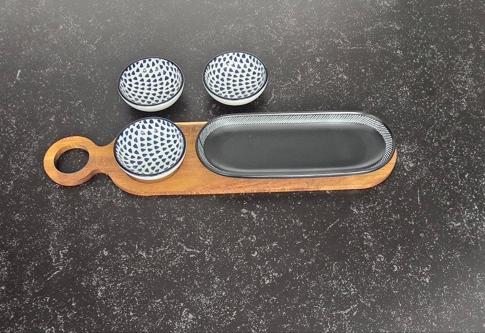 Tapas/Borrelplank met schaaltjes - Hout, Zwart, Wit, Blauw, Hout, Snij-/serveerplank, Ophalen of Verzenden, Zo goed als nieuw