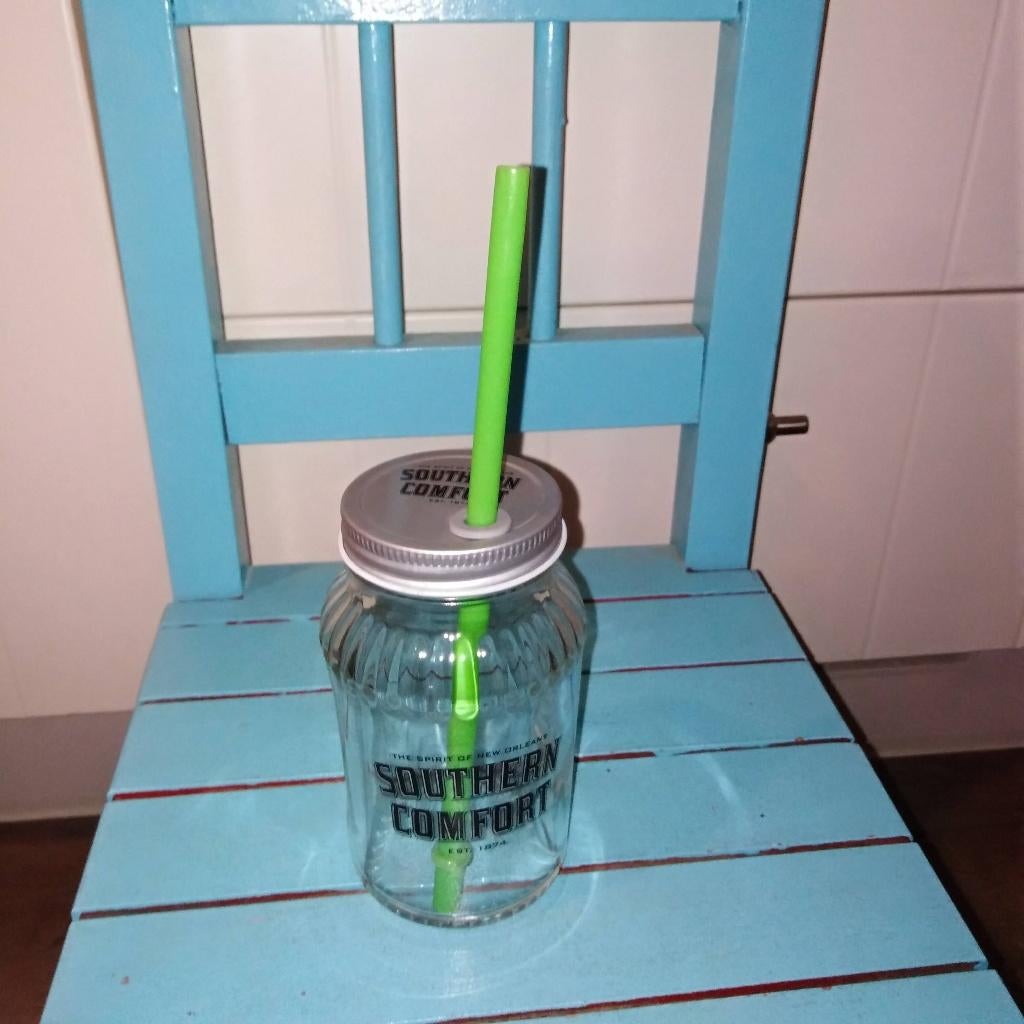 Southern Comfort Glas - pot/Jar 0,33L met deksel en rietje, Verzamelen, Glas en Borrelglaasjes, Ophalen, Gebruikt, Overige typen