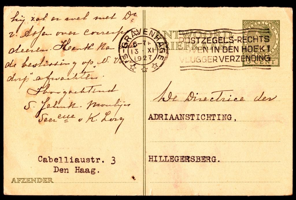 Briefkaart; 's-Gravenhage naar Hillegersberg op 13-11-1927, Ophalen of Verzenden, Briefkaart