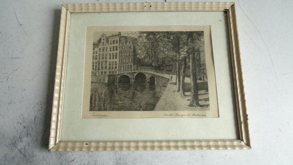Ets Jan Zwerver - Bocht Heerengracht Amsterdam, Antiek en Kunst, Ingelijst, Ets, Stadsgezicht, Ophalen of Verzenden