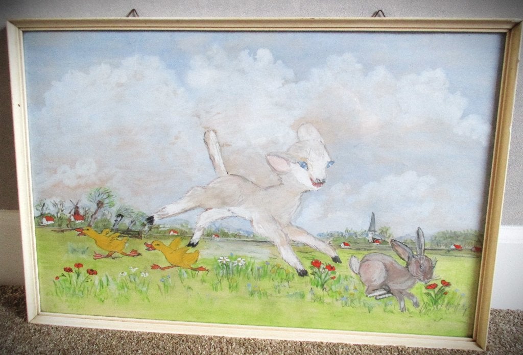 Lammetje in weide~Schilderij Gesigneerd~Aquarel E.J. van Nie, Ophalen of Verzenden, Tekening, Aquarel, Achter glas