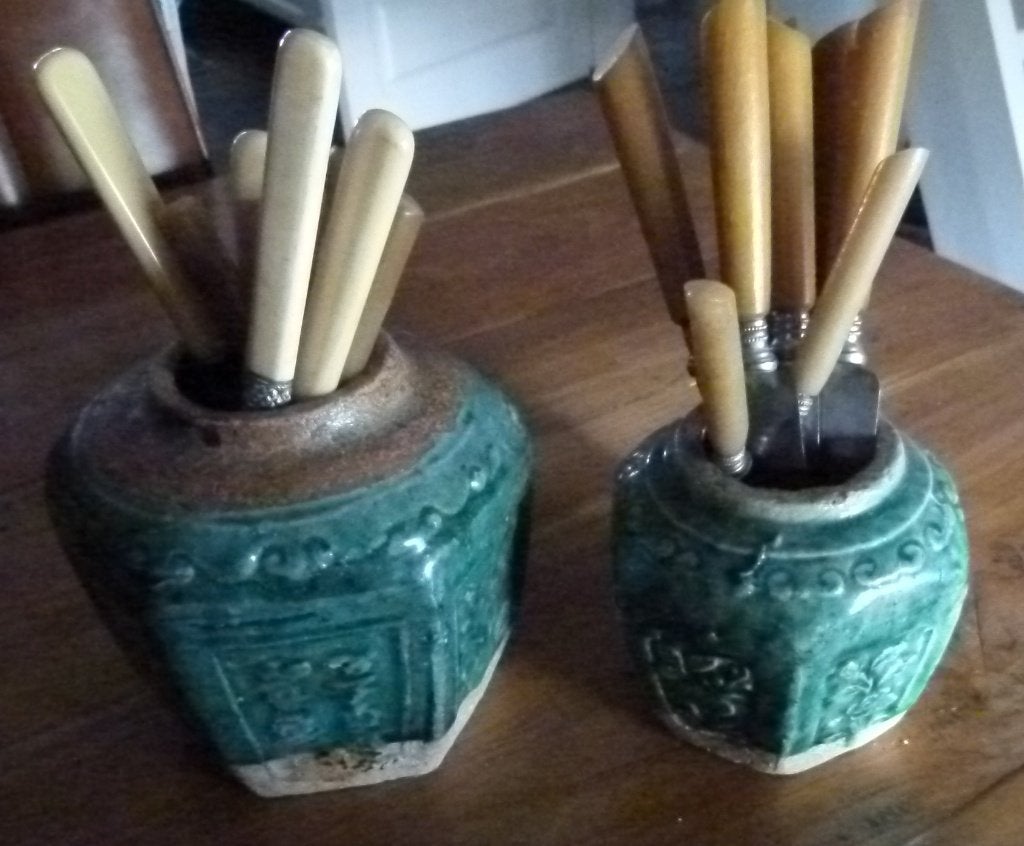2 antieke gemberpotjes met bestek plumacher solingen, Antiek en Kunst, Ophalen of Verzenden