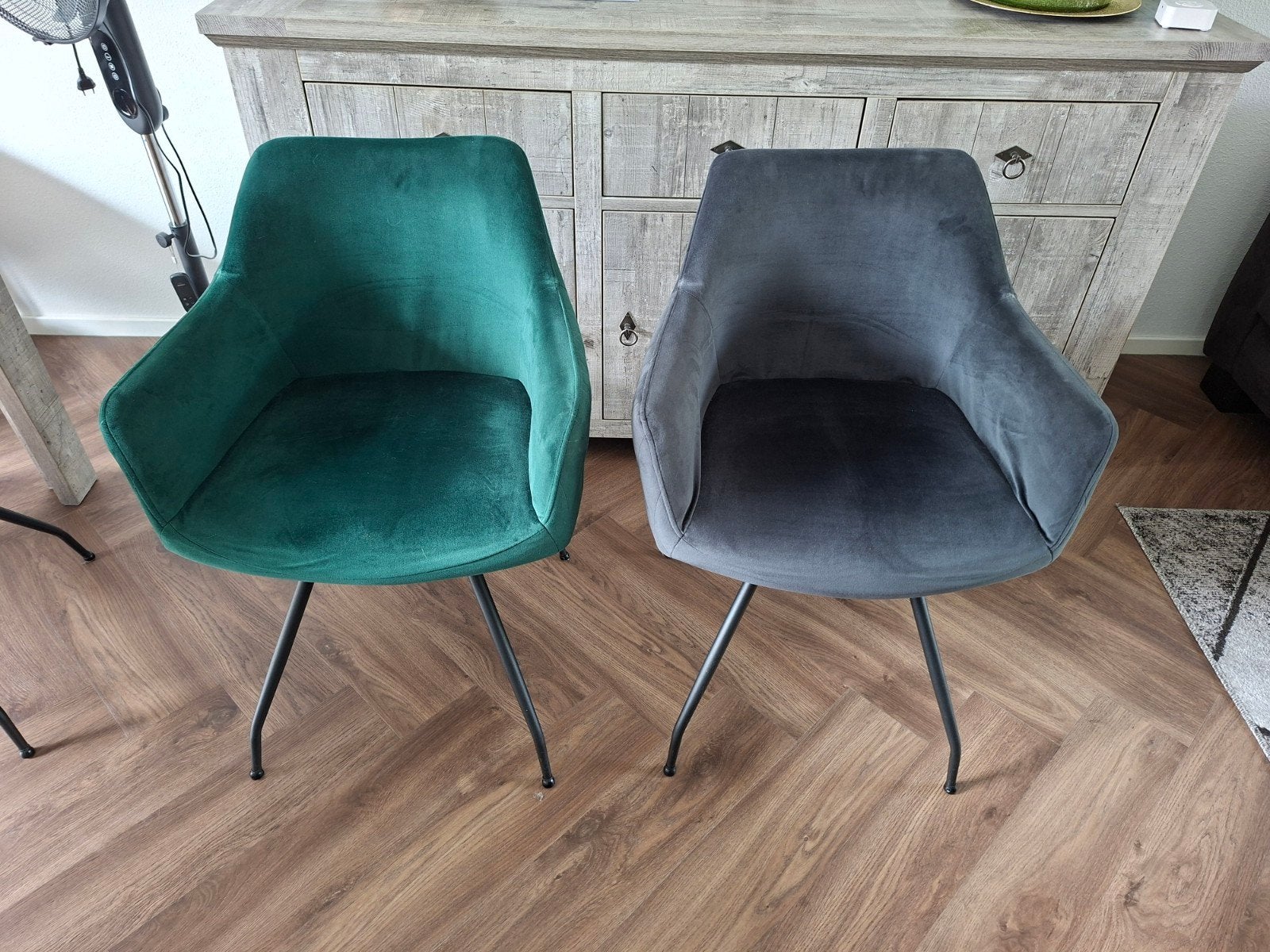 6 eetkamerstoelen groen en grijs, Huis en Inrichting, Stoelen, Ophalen, Gebruikt, Grijs, Vijf, Zes of meer stoelen