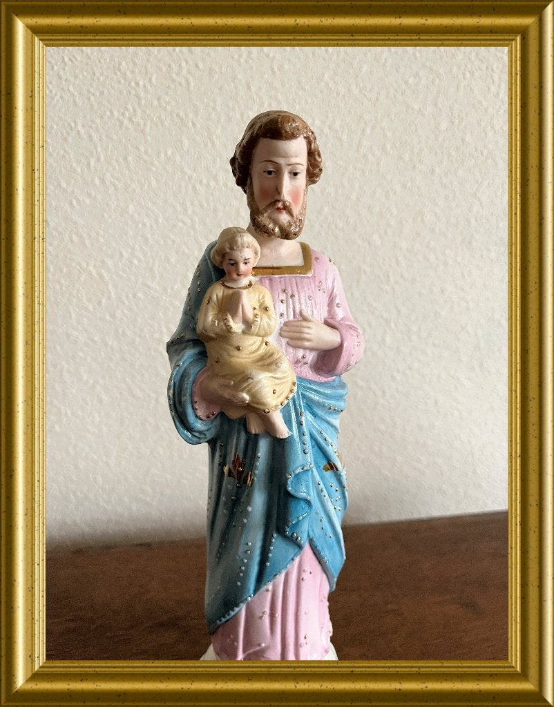 Antiek biscuit porseleinen beeld : Jozef met kind, Antiek en Kunst, Antiek | Religie, Ophalen of Verzenden