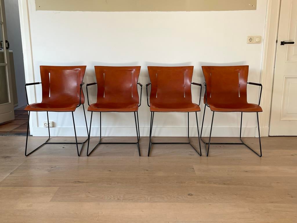 4x Walter Knoll Cuoio eetkamerstoel met armleggers, Huis en Inrichting, Stoelen, Ophalen, Gebruikt, Bruin, Design