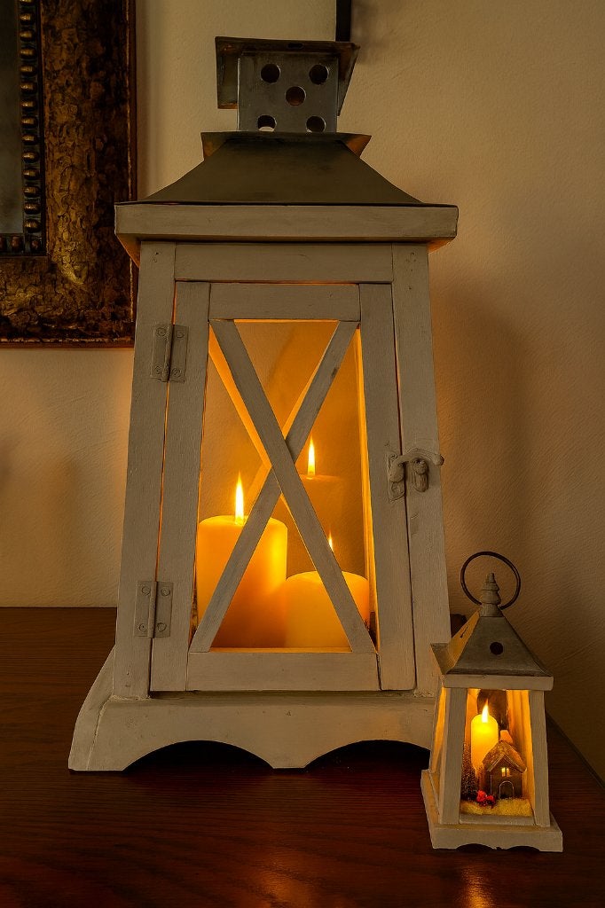 Grote houten lantaarn / windlicht wit (hoogte 48 cm), Ophalen, Lantaarn, Wit, 48 cm