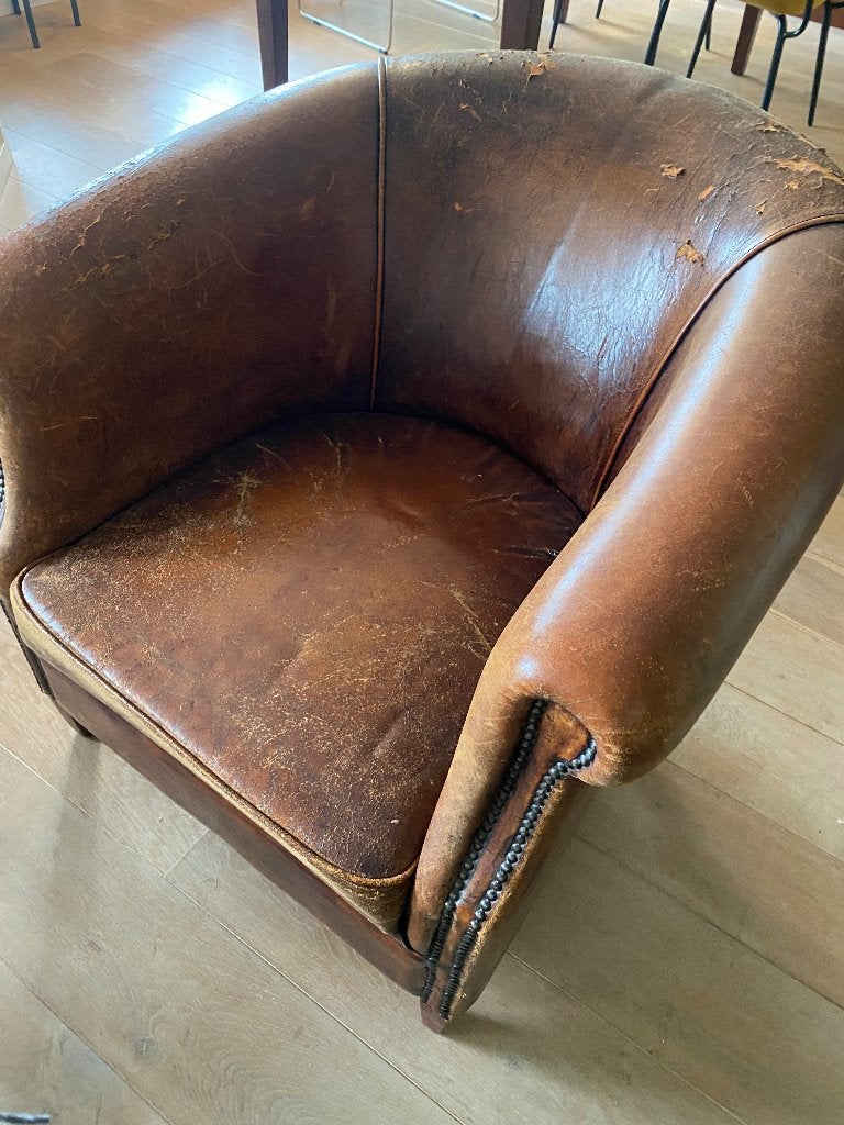 Engelse schaapslederen stoel, Huis en Inrichting, Stoelen, Ophalen, Gebruikt, Bruin, Eén