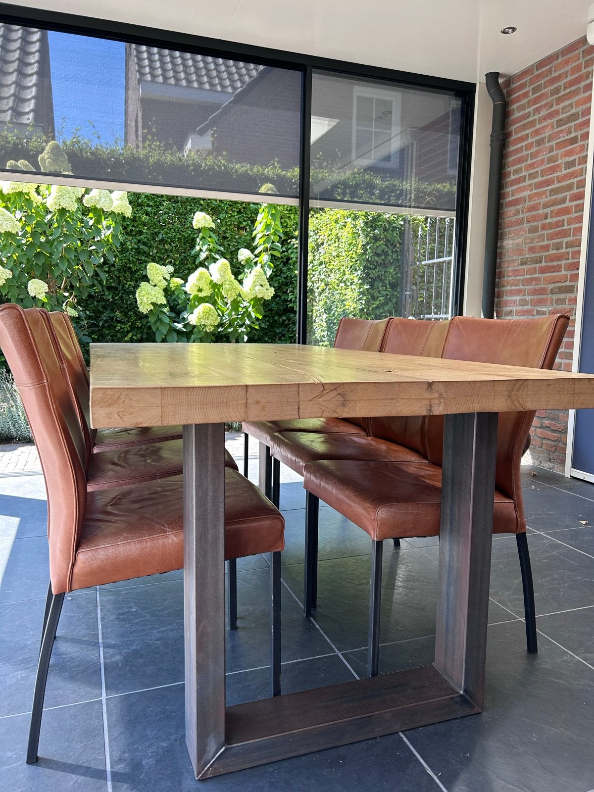Robuuste eettafel met 6 leren stoelen, Gebruikt, 200 cm of meer, 50 tot 100 cm, Vijf personen of meer