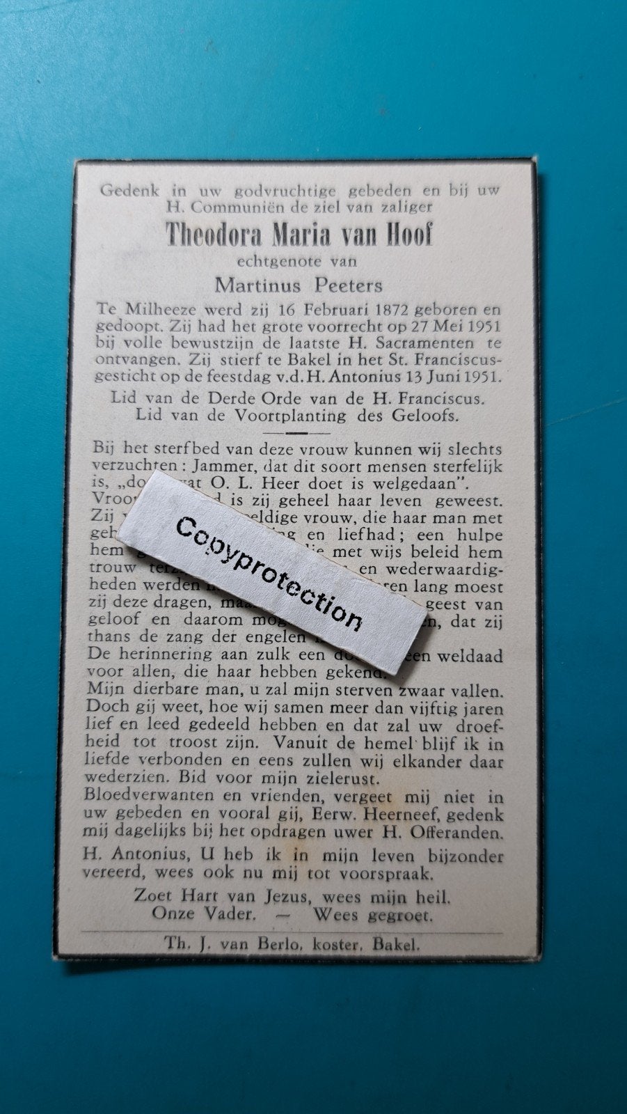 Theodora Maria van Hoof, Milheeze 1882, Bakel 1951, Verzenden, Bidprentje