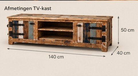 Unieke TV-kast van gerecycled hout - 140x40x50 cm, Huis en Inrichting, 100 tot 150 cm, Zo goed als nieuw, 25 tot 50 cm, Rustiek, Industrieel, Landelijk