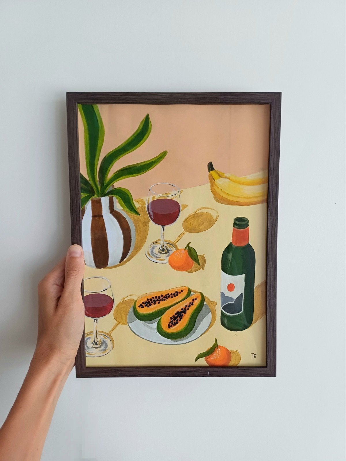 Handgeschilderde moderne stilleven van papaya, banaan, wijn, Ophalen of Verzenden