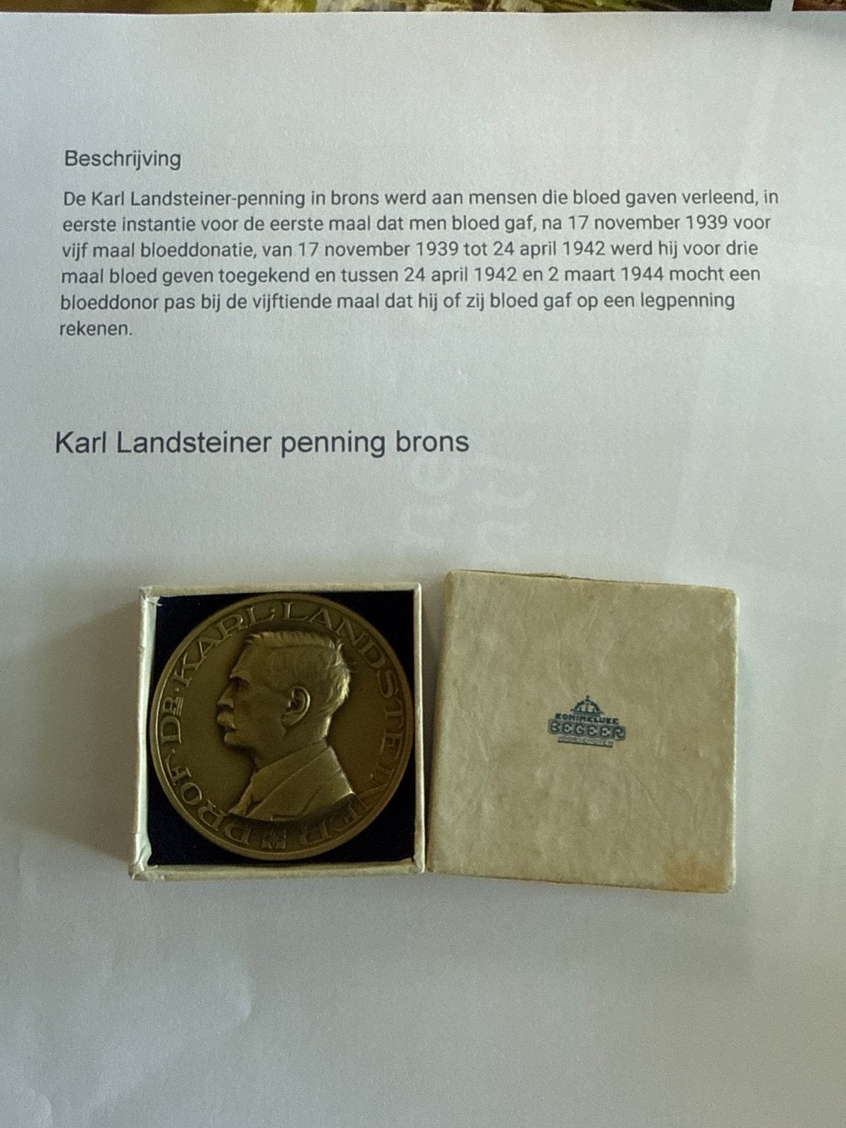Karl Landsteiner penning brons - Bloeddonatie onderscheiding, Ophalen of Verzenden, Brons, Nederland