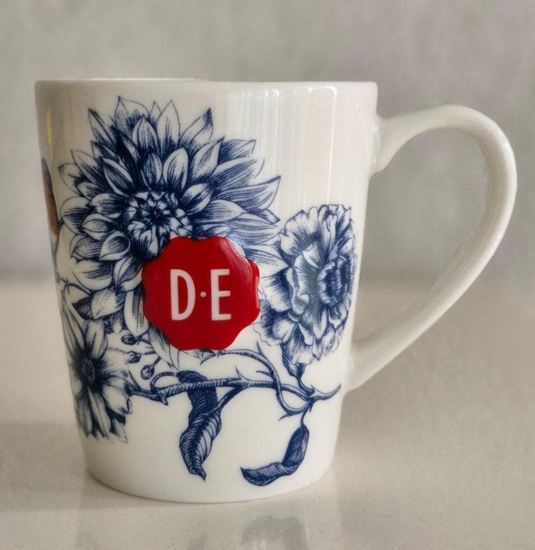 Douwe Egberts Beker met vogel- en bloemenprint, Huis en Inrichting, Keuken | Servies, Ophalen of Verzenden, Zo goed als nieuw