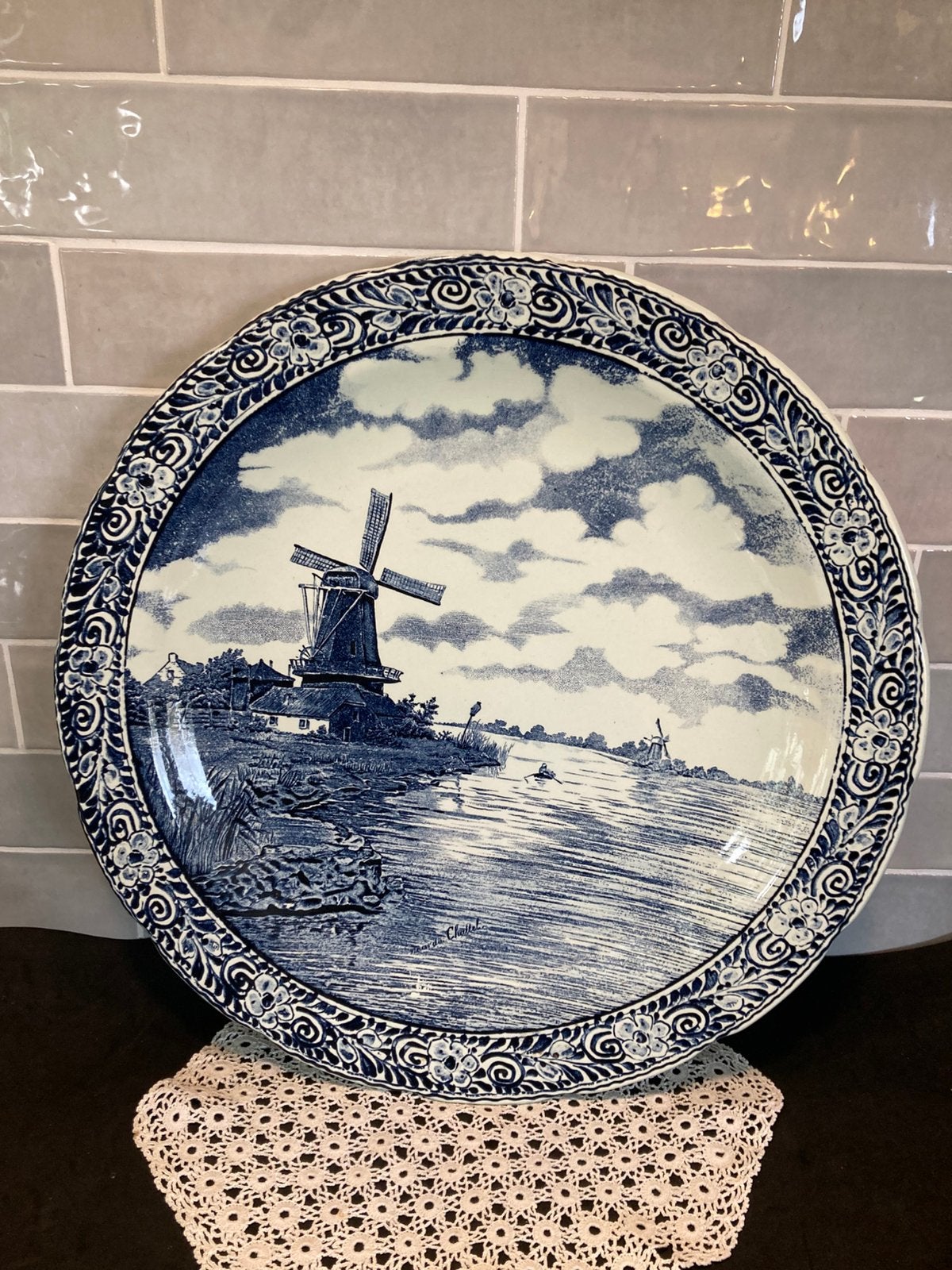 Delfts blauw bord Boch, molen aan het water (300326), Ophalen of Verzenden