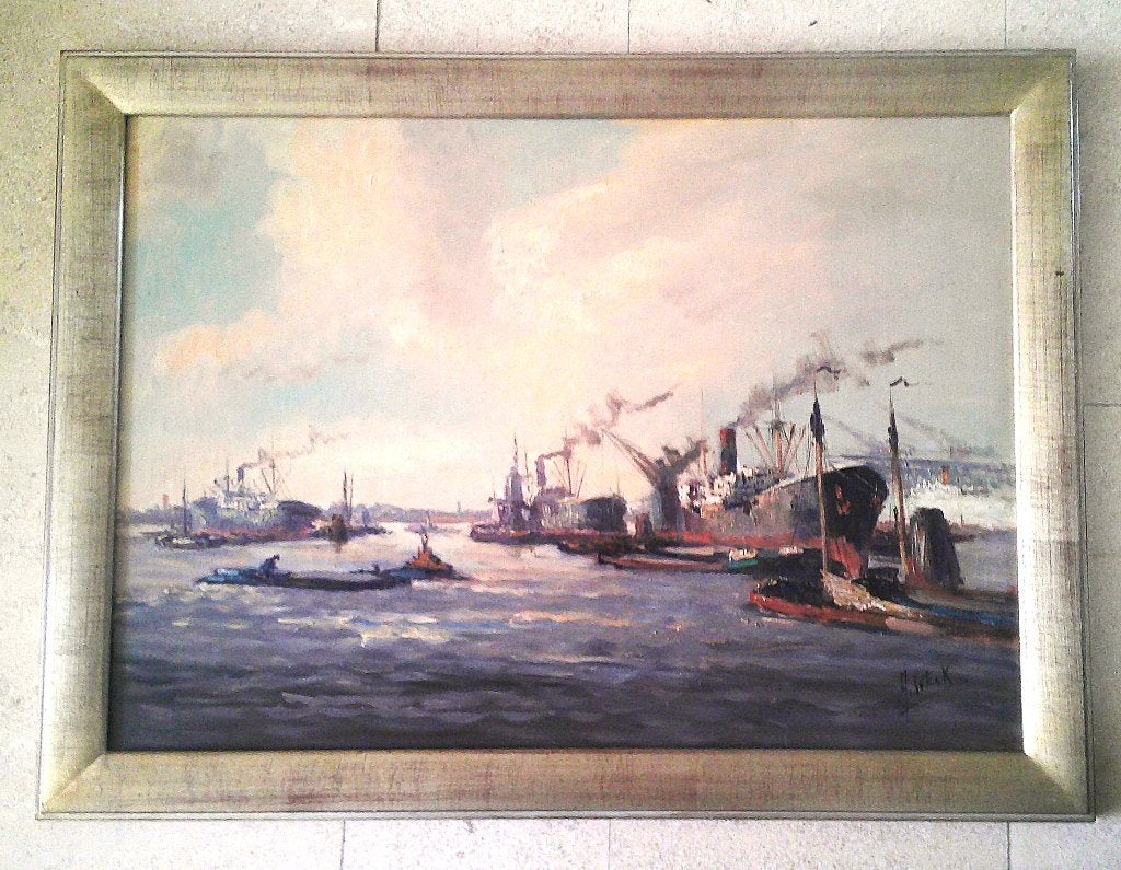 Schepen in haven ca.1960 - A.J. v. Eck 1907-1974, Antiek en Kunst, Kunst | Schilderijen | Klassiek, Maritiem / water, Impressionistisch