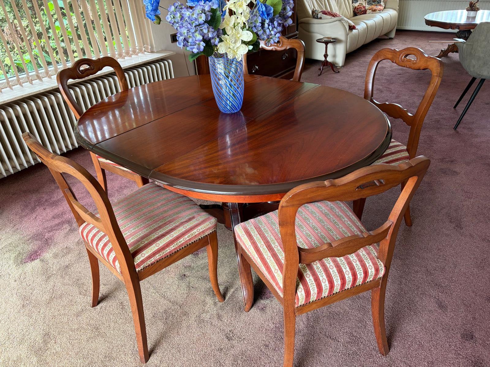 Biedermeier eetkamer set uitschuiftafel en 5 stoelen, Ophalen, Zo goed als nieuw, 4 tot 6 stoelen