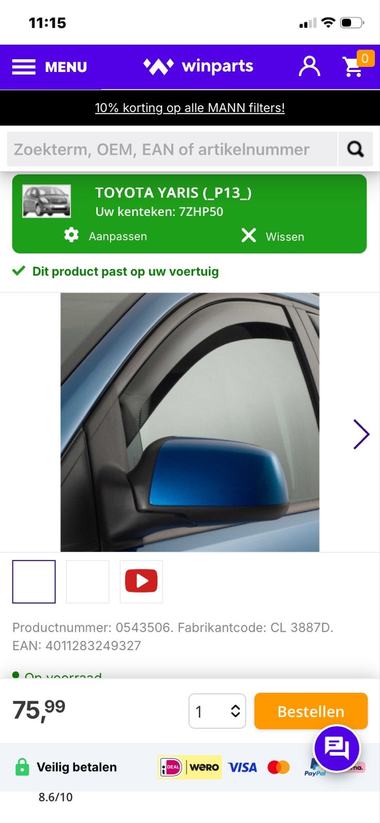 Zijwindschermen links en rechts voor Toyota Yaris Hybride 20, Ophalen of Verzenden, Gebruikt, Toyota