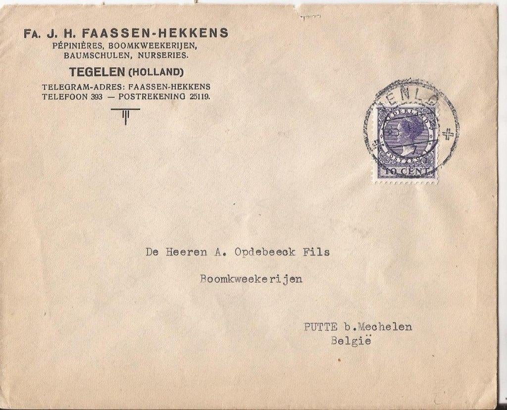 TEGELEN 1933 Fa JH. FAASSEN-HEKKENSD Boomkweekerijen, Ophalen of Verzenden, 1920 tot 1940, Gelopen, Limburg