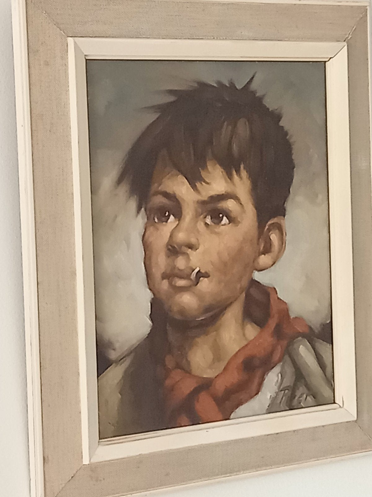 een zeer oud olieverf werk van een zigeuner jongen met sigar, Ophalen of Verzenden
