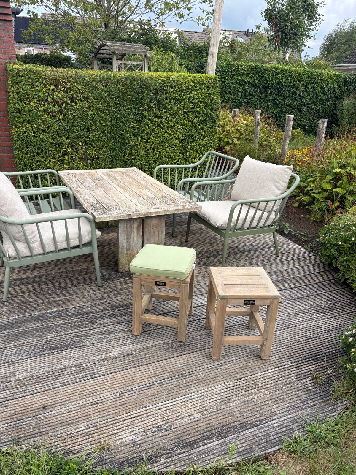 Manifesto loungeset met teakhouten tafel en krukjes, Tuin en Terras, Ophalen, 4 zitplaatsen, Gebruikt, Teakhout