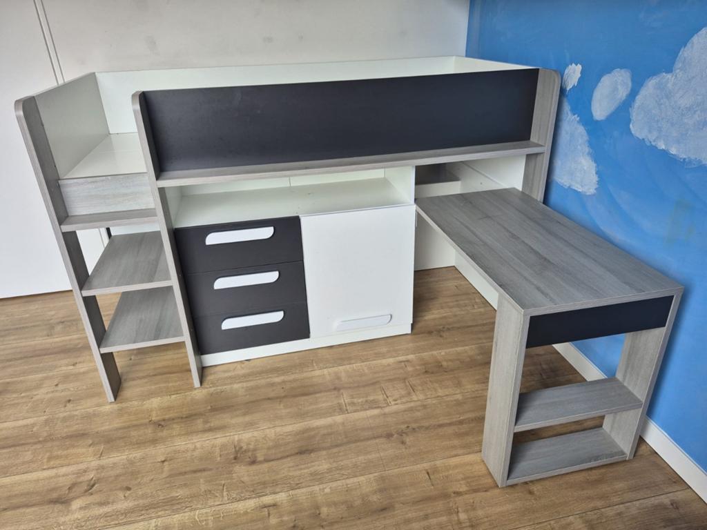 Half hoogslaper eenpersoons met bureau en opbergruimte, 90 cm, Eenpersoons, Wit, Ophalen of Verzenden