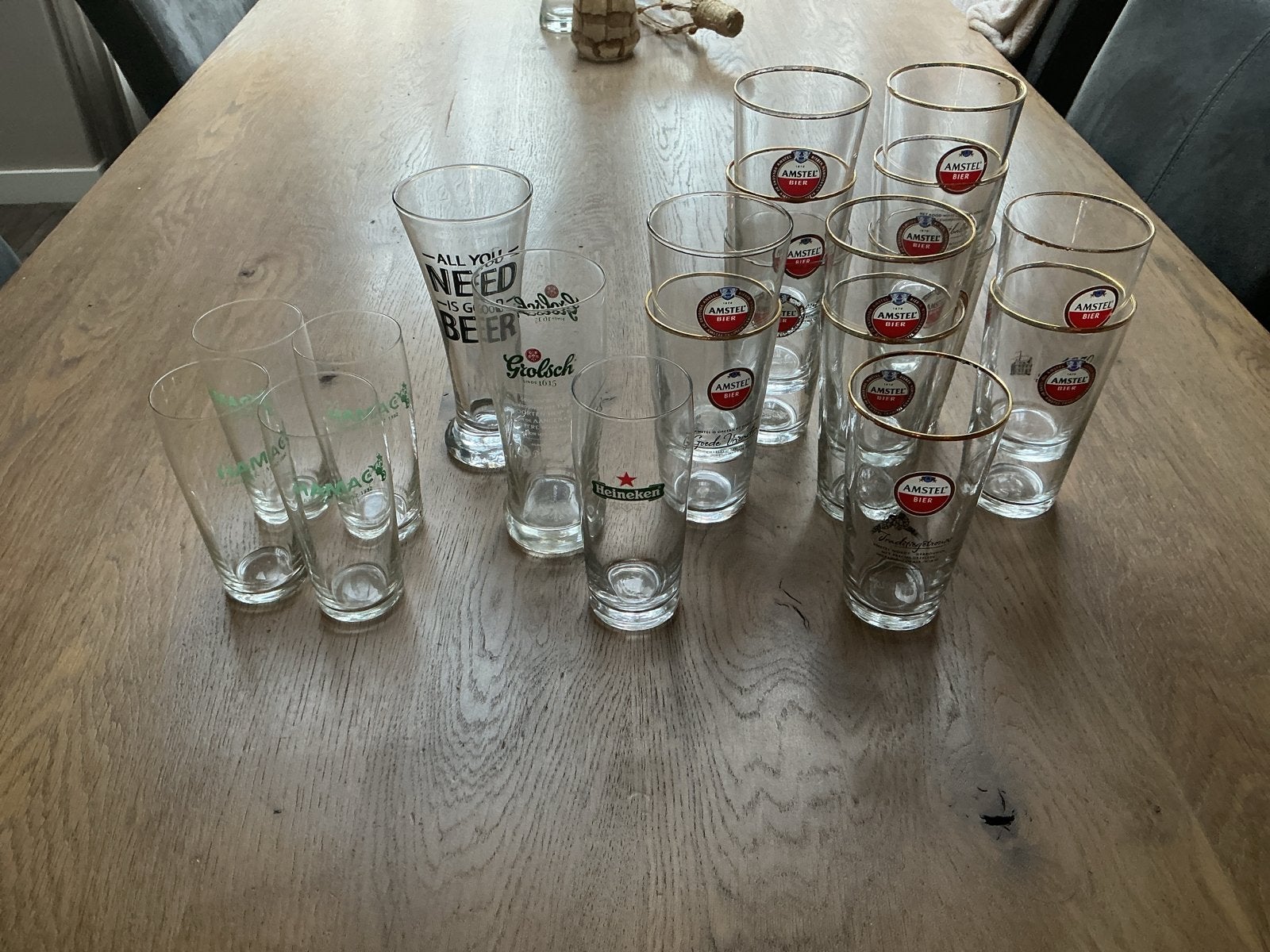 Bierglazen: Amstel, Grolsch, Heineken, Totaal 20 stuks, Ophalen, Zo goed als nieuw, Meerkleurig, Overige merken