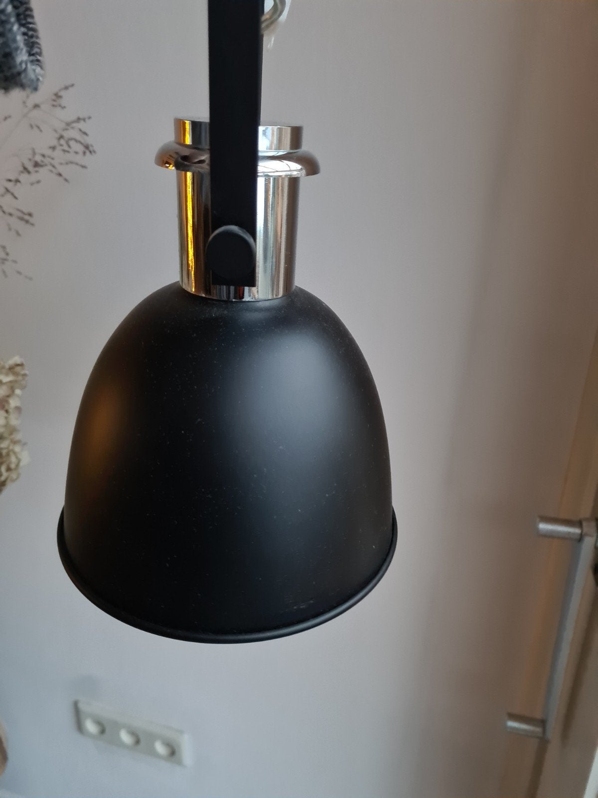 Zwarte industriële hanglamp met chromen details, Zo goed als nieuw, Metaal, Industrieel, E27 (groot)
