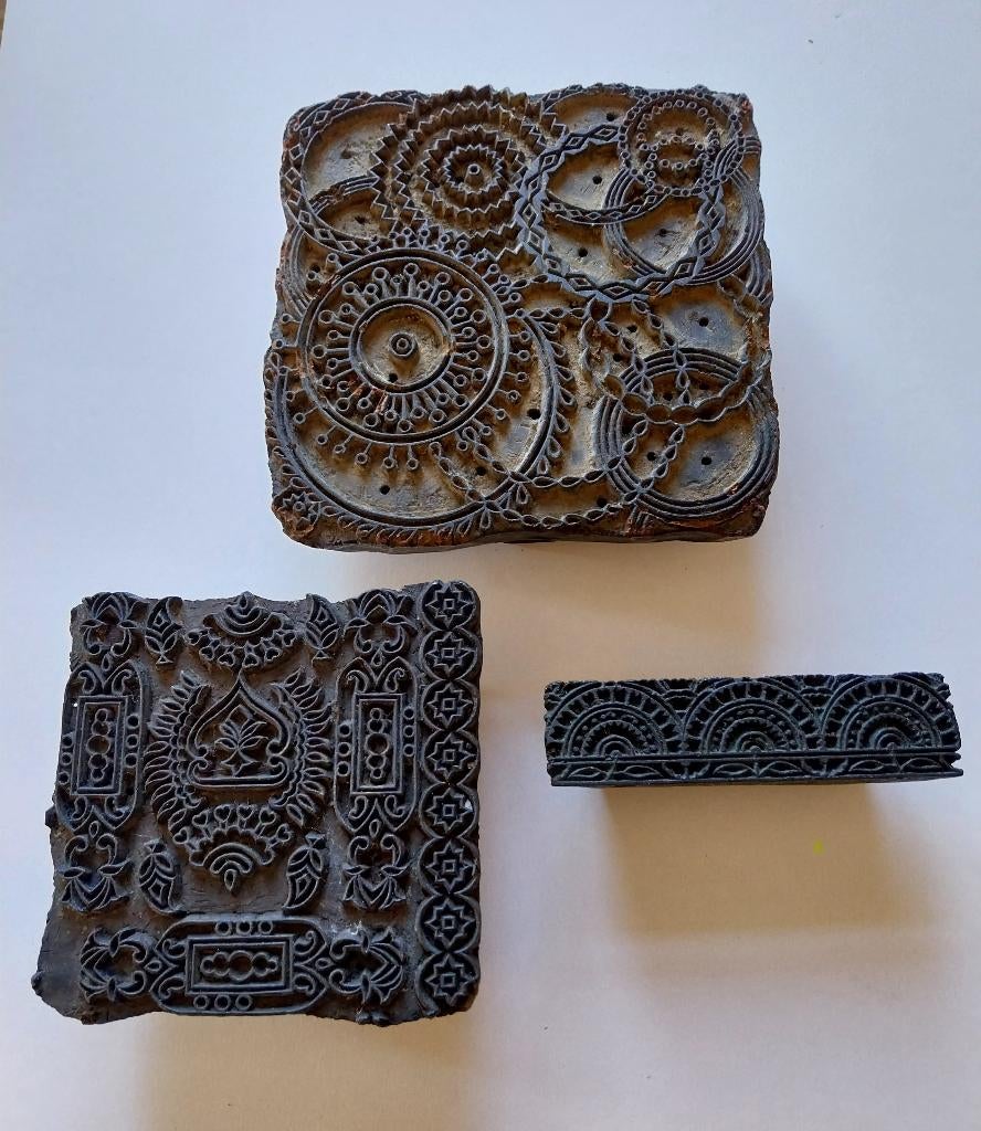 3 Batikstempels, Batik, Textielstempels, Antiek, hout., Verzenden, Gebruikt