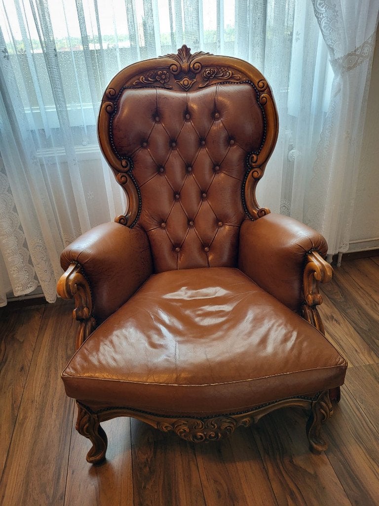 Royale Klassieke Lederen Fauteuil - Barok Stijl, Ophalen, Gebruikt, 75 tot 100 cm, 75 tot 100 cm