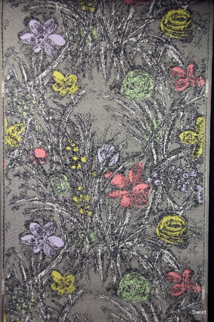 11291 zelfkant kleurig behang met bloemen op grijs swiet, Ophalen of Verzenden, Groen
