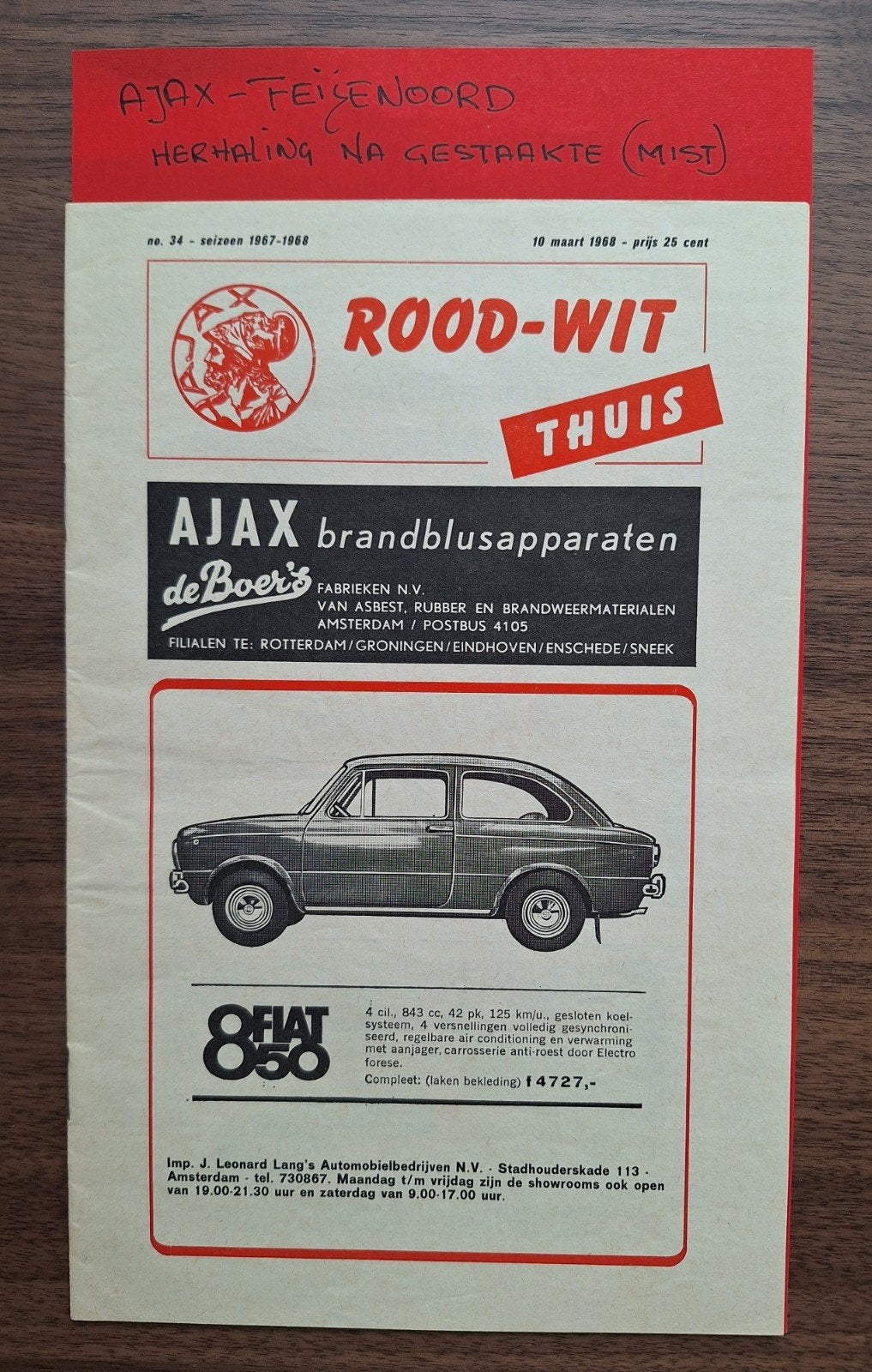 Programma Ajax-Feyenoord maart 1968 - Legendarische spelers, Ophalen of Verzenden, Zo goed als nieuw, Ajax, Boek of Tijdschrift