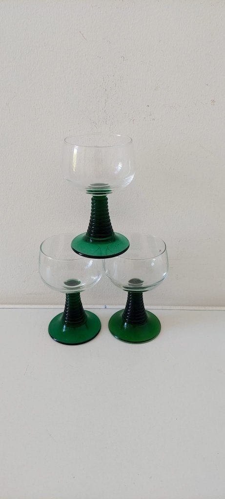 Set van 3 Vintage Roemer Wijn glazen – Groene Ribbelsteel, Verzamelen, Eu, Eu, Overige typen, Ophalen of Verzenden