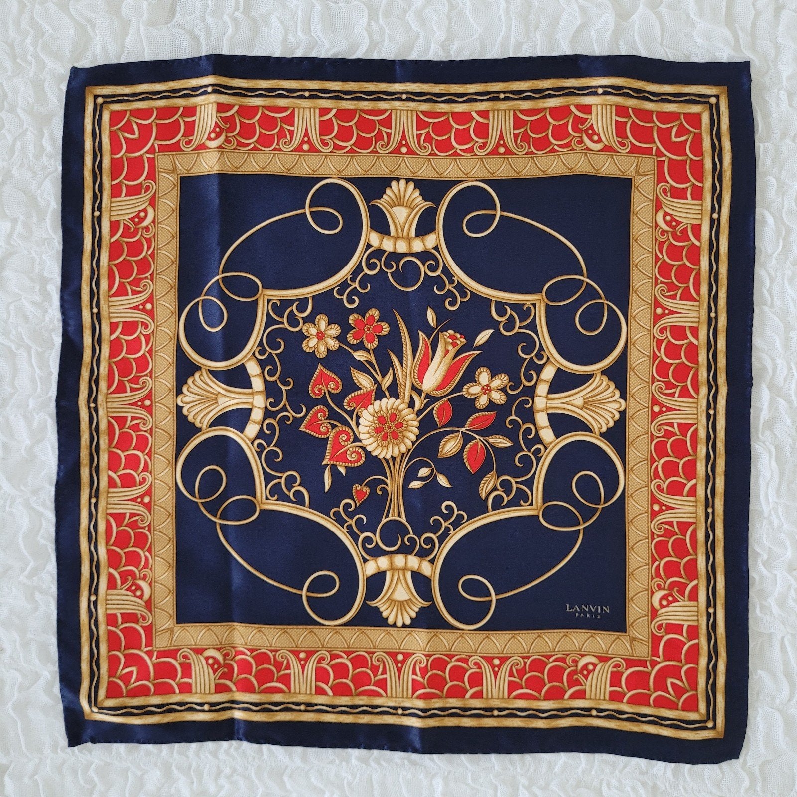 Vintage Lanvin Paris pochet sjaaltje 100% zijde blauw goud, Ophalen of Verzenden, Zo goed als nieuw