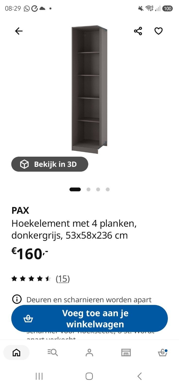 Pax hoekelement Grijs met 2 lades en 8 planken, Ophalen