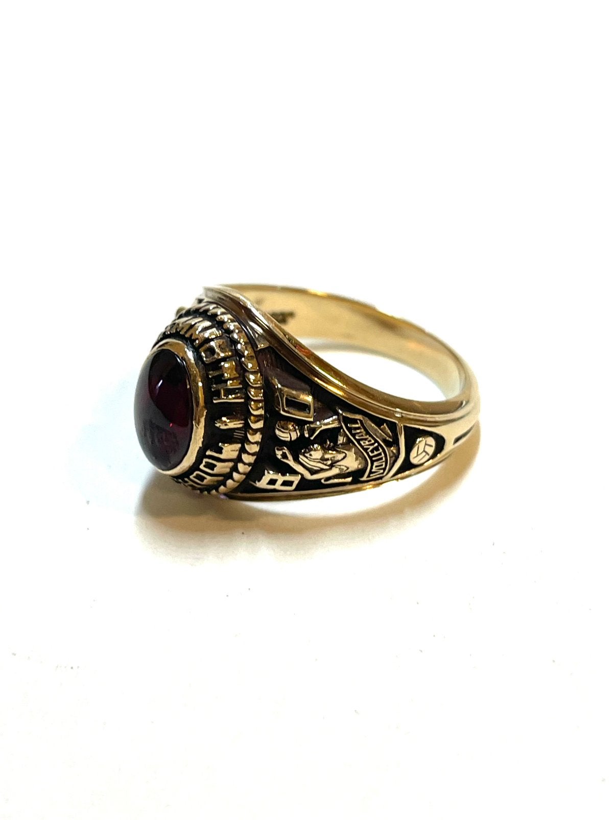 10k gouden college ring met een granaatsteen, 18 tot 19, -, -, Ophalen of Verzenden