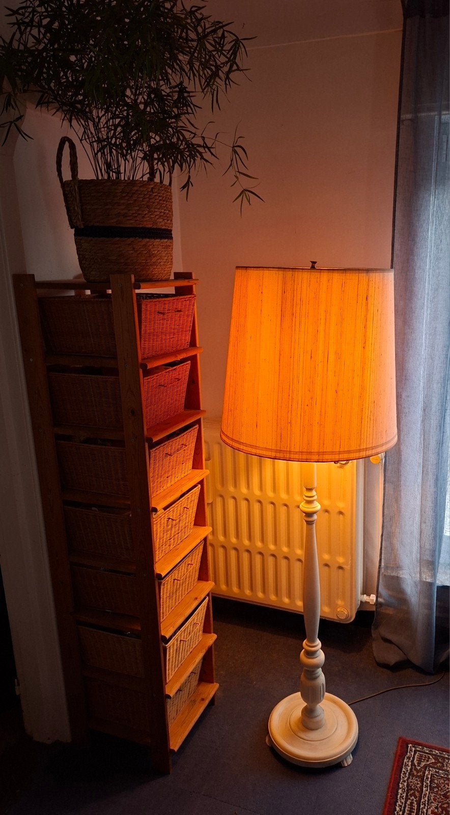 Vintage Staande Lamp jaren 60 Houten poot en Stoffen kap, Ophalen, Gebruikt, E27 (groot), 60jaren